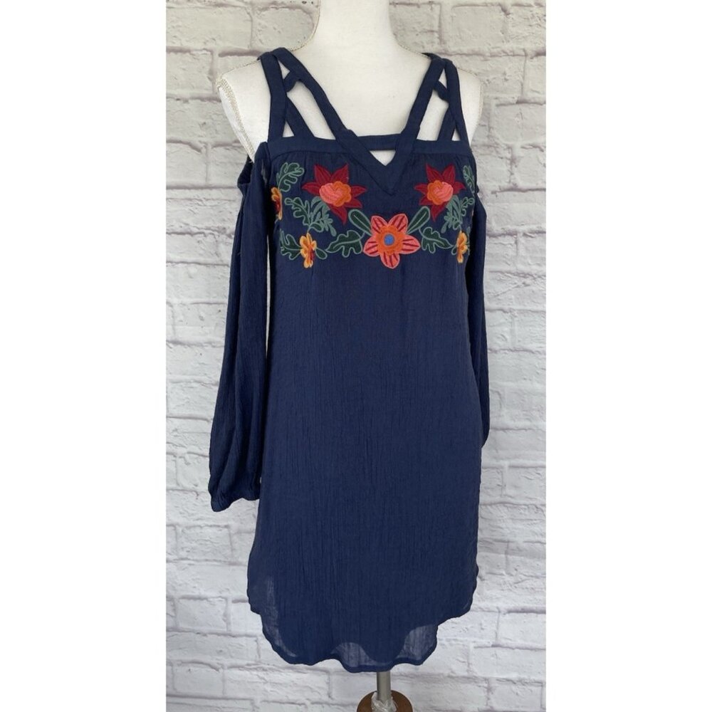 THML Women’s Cold Shoulder Strappy Embroidered Dress Blue Size Small